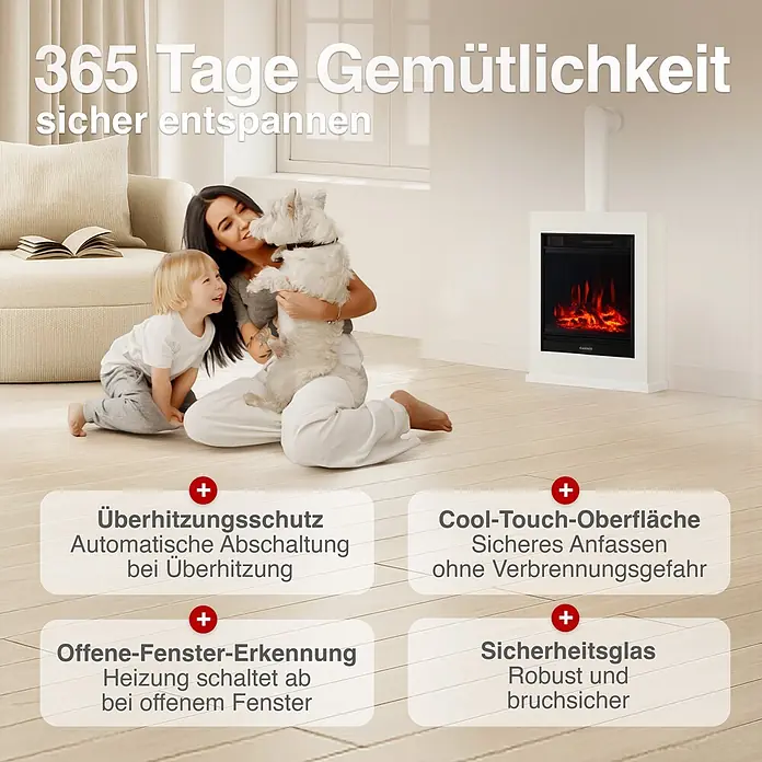 Elektrischer Kamin KAMINIO Kalle mit Ofenrohr - 18 x 51 x 105 cm, Weiß - Eine Familie mit Kind und Hund genießt ein gemütliches Wohnzimmer mit einem weißen Elektrokamin, der seine Sicherheitsmerkmale bewirbt.