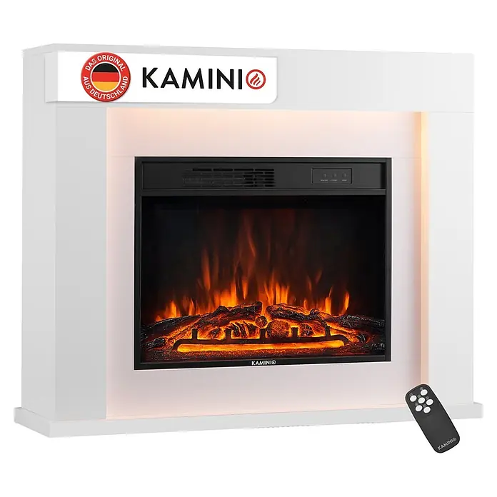 Elektrischer Kamin KAMINIO Matti 38 - 26 x 95 x 77 cm, Weiß - Weißer Elektrokamin mit realistischen Flammen und schwarzer Fernbedienung.