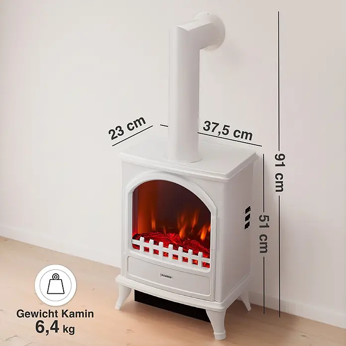 Elektrischer Kamin KAMINIO Leni mit Ofenrohr - 23 x 37,5 x 91 cm, Weiß - Weißer verzierter Elektrokaminofen mit künstlichen Flammen und dekorativem weißem Abzugsrohr.
