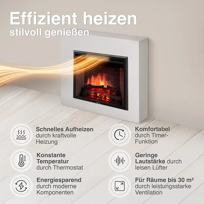 Elektrischer Kamin KAMINIO Luca 23 - 22,5 x 58,4 x 45 cm, Schwarz - Schwarzer Elektrokamin mit Ziegelhintergrund und Holzscheiten, aus dem Wärme strömt, in eine weiße Wand integriert.