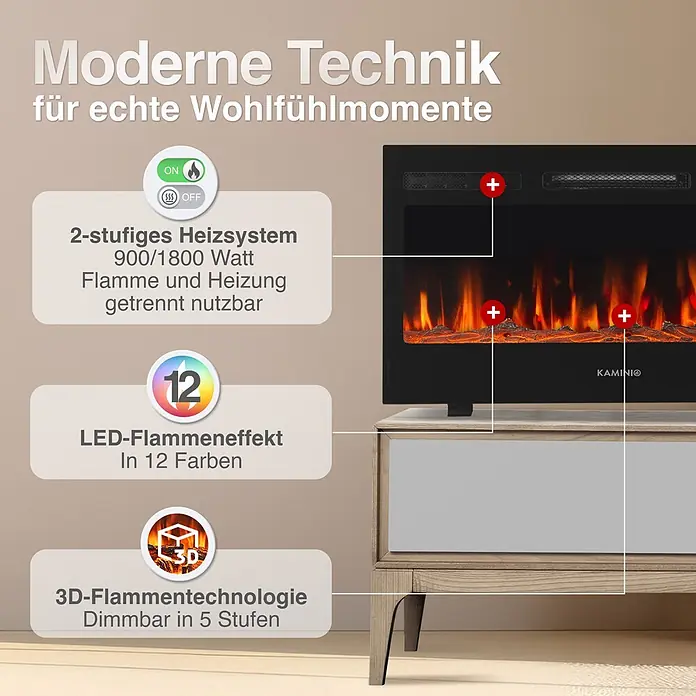Elektrischer Kamin KAMINIO Marlon 36 - 11,9 x 91,4 x 46,6 cm, Schwarz - An der Wand montierter schwarzer Elektrokamin mit 2-Stufen-Heizsystem, 12 LED-Flammenfarben und 3D-Flammentechnologie, auf einem hellen Holzschrank stehend.