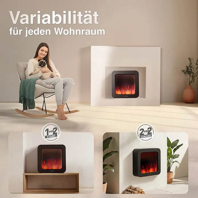 Elektrischer Kamin KAMINIO Mia Xl - 17,5 x 40 x 40 cm, Schwarz - Schwarzer Elektrokamin mit Flammen, stehend auf einem Regal und an der Wand montiert in einem modernen Wohnzimmer.