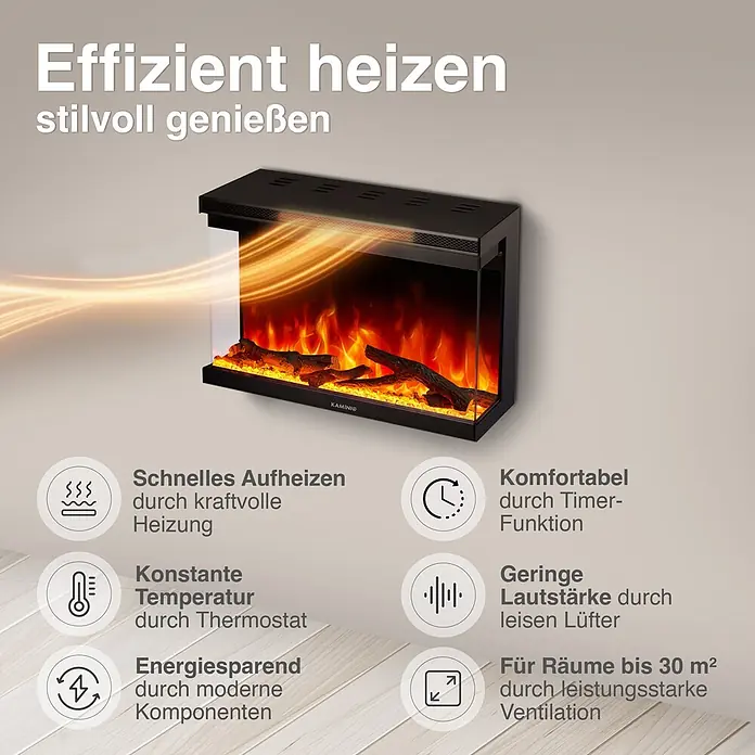 Elektrischer Kamin KAMINIO Lea 30 - 20 x 76,2 x 43 cm, Schwarz - Schwarzer Elektrokamin mit realistischer Flamme und effizienten Heizfunktionen.