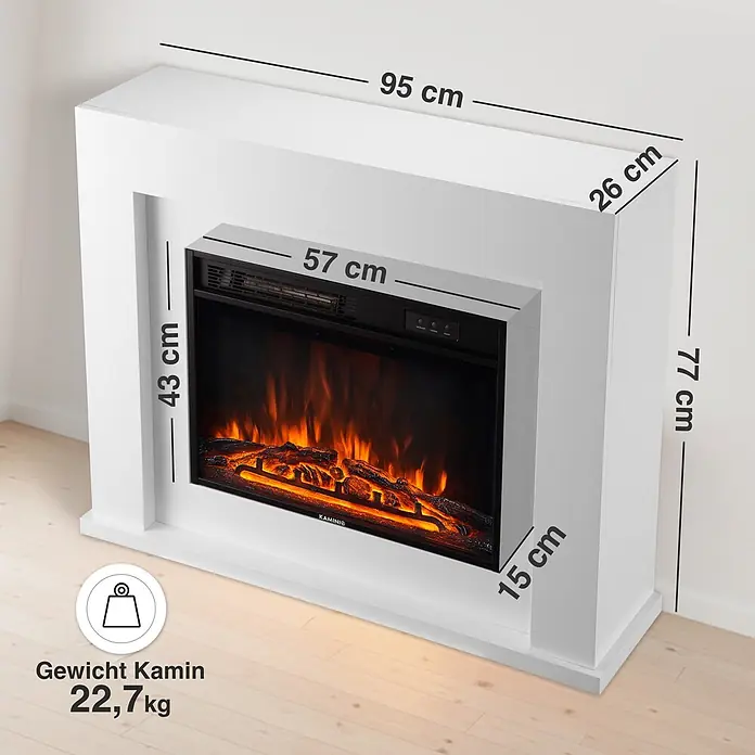 Elektrischer Kamin KAMINIO Matti 38 - 26 x 95 x 77 cm, Weiß - Weißer Elektrokamin mit realistischem Flammenbild. Maße: 95x77x26 cm, Gewicht: 22,7 kg.