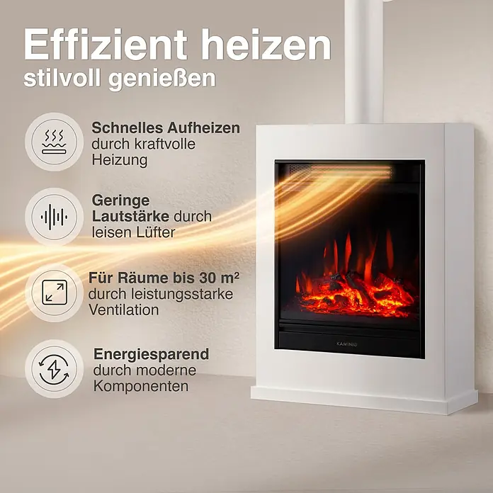 Elektrischer Kamin KAMINIO Kalle mit Ofenrohr - 18 x 51 x 105 cm, Weiß - Weißer elektrischer Kamin mit künstlichen Flammen und warmer Luft.