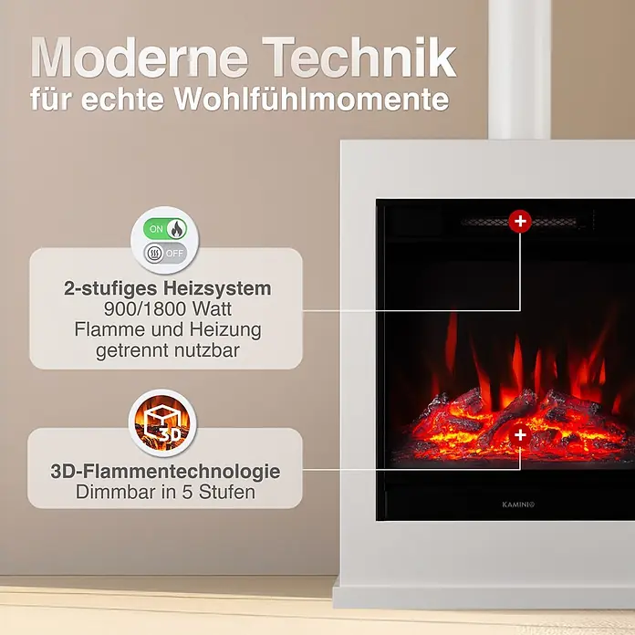 Elektrischer Kamin KAMINIO Kalle mit Ofenrohr - 18 x 51 x 105 cm, Weiß - Weißer Elektrokamin-Einsatz mit realistischen 3D-Flammen und 2-stufigem Heizsystem.