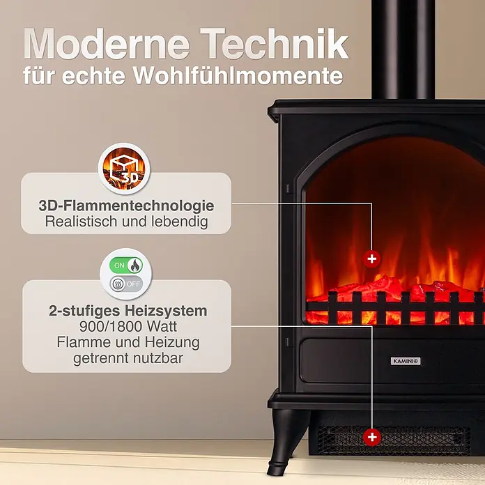 Elektrischer Kamin KAMINIO Leni mit Ofenrohr - 23 x 37,5 x 91 cm, Schwarz - Schwarzer Elektrokamin mit realistischen 3D-Flammen und einem 2-stufigen 900/1800W Heizsystem.