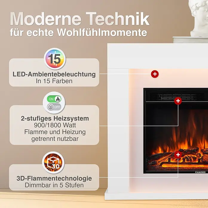 Elektrischer Kamin KAMINIO Matti 38 - 26 x 95 x 77 cm, Weiß - Weißer Elektrokamin mit detaillierten Funktionsbeschreibungen für LED-Beleuchtung, Heizung und 3D-Flammentechnologie.