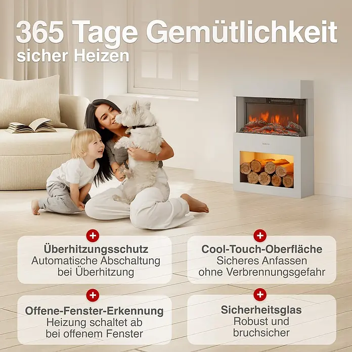 Elektrischer Kamin KAMINIO Henri - 21,7 x 48 x 75 cm, Weiß - Weißer Elektrokamin mit künstlichen Flammen und Holzscheiten in einem gemütlichen Wohnzimmer mit Familie, hebt Sicherheitsmerkmale hervor.