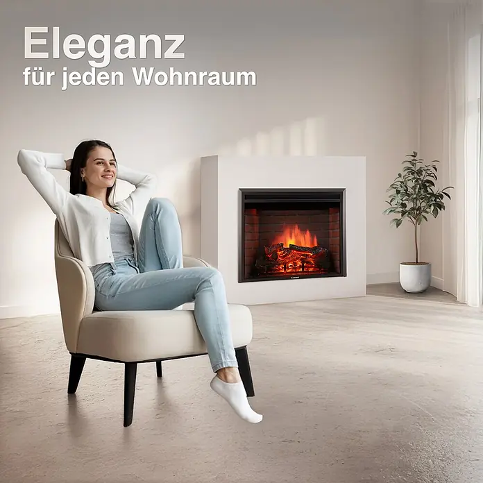 Elektrischer Kamin KAMINIO Luca 23 - 22,5 x 58,4 x 45 cm, Schwarz - Eine Frau entspannt sich neben einem modernen Elektrokamin mit realistischen Flammen und Holzscheiten in einem gemütlichen Wohnzimmer.