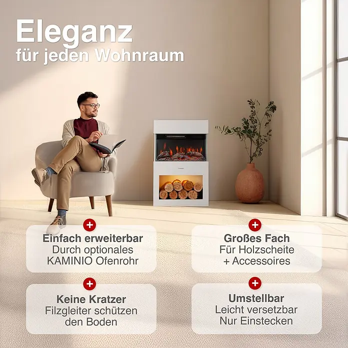 Elektrischer Kamin KAMINIO Henri - 21,7 x 48 x 75 cm, Weiß - Weißer Elektrokamin mit Flammenimitat und Holzfach, im Wohnzimmer neben lesender Person.