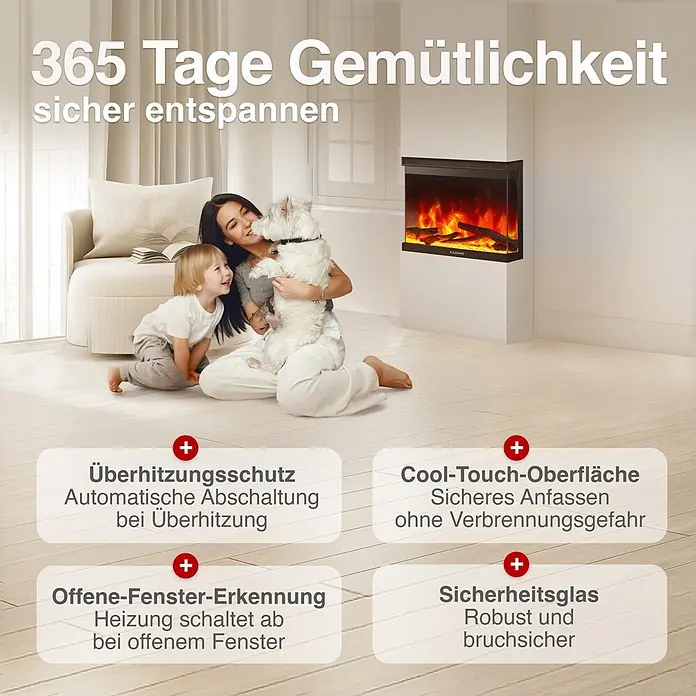 Elektrischer Kamin KAMINIO Lea 30 - 20 x 76,2 x 43 cm, Schwarz - Ein Elektrokamin mit realistischen Flammen, in einem modernen weißen Kaminsims, der eine gemütliche Atmosphäre schafft.