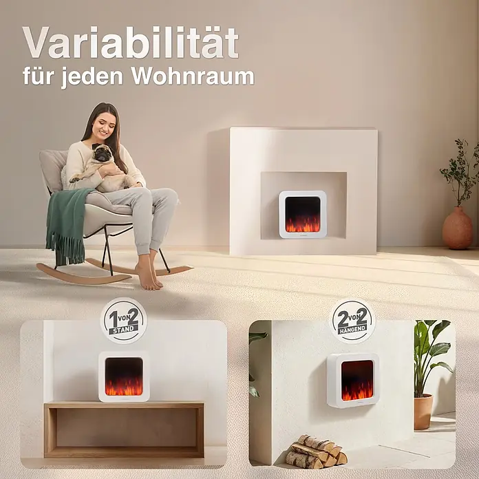 Elektrischer Kamin KAMINIO Mia L - 17,5 x 25 x 25 cm, Weiß - Vielseitiger weißer Elektrokamin, freistehend und wandmontiert im Wohnraum gezeigt, mit flexiblen Aufstellmöglichkeiten.