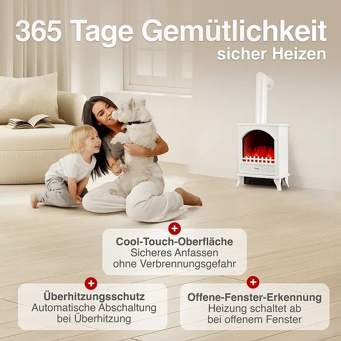 Elektrischer Kamin KAMINIO Leni mit Ofenrohr - 23 x 37,5 x 91 cm, Weiß - Weißer Elektrokamin mit Cool-Touch-Oberfläche, Überhitzungsschutz und offener Fenstererkennung in gemütlicher Familienumgebung.