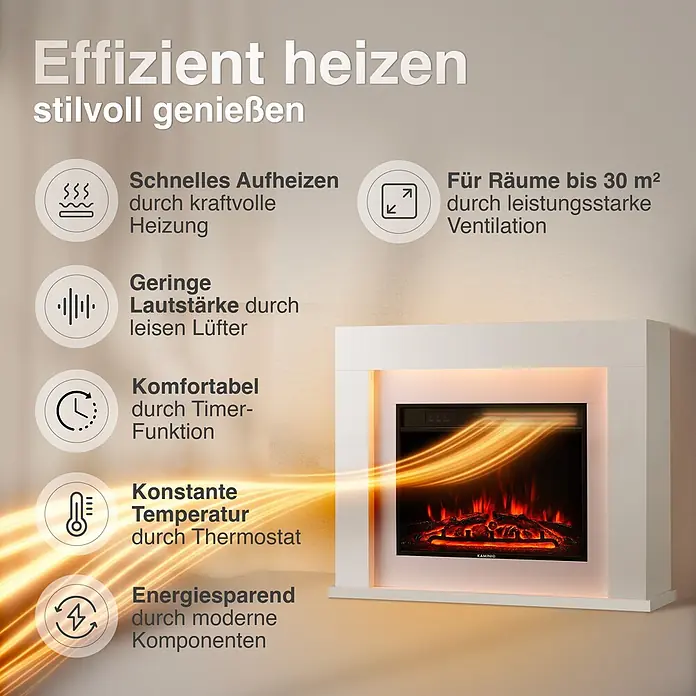 Elektrischer Kamin KAMINIO Matti 38 - 26 x 95 x 77 cm, Weiß - Weißer Elektrokamin mit realistischem Flammeneffekt, zeigt Funktionen wie schnelles Heizen, leisen Betrieb, Timer, Thermostat und Energieeffizienz.