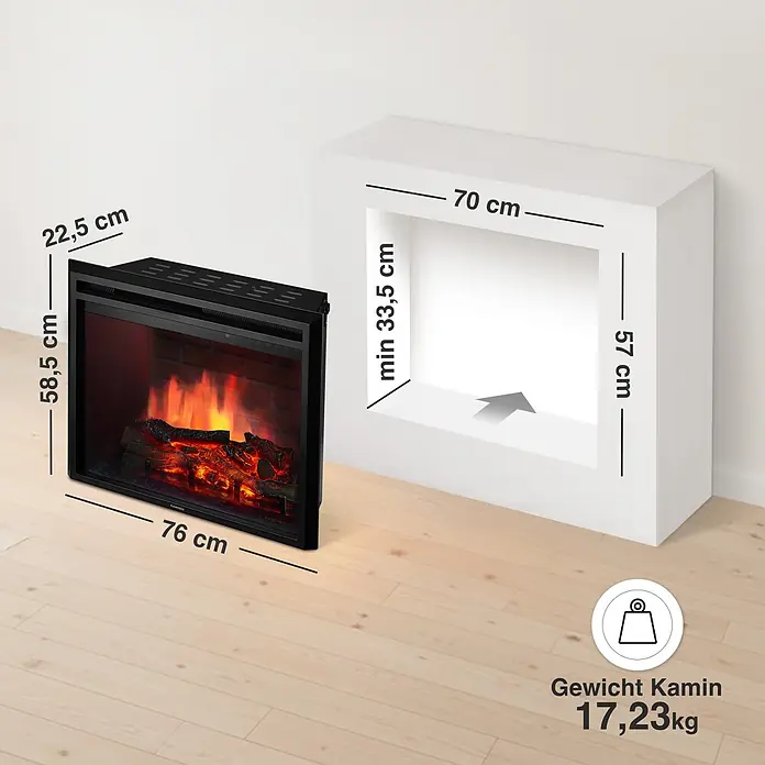 Elektrischer Kamin KAMINIO Luca 30 - 22,5 x 76 x 58,5 cm, Schwarz - Schwarzer Elektrokamin 76x58,5x22,5 cm vor weißem Kamineinsatz mit Öffnung 70x57x min. 33,5 cm. Gewicht 17,23 kg.