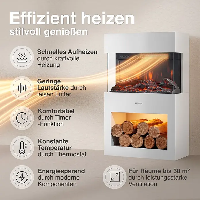 Elektrischer Kamin KAMINIO Henri - 21,7 x 48 x 75 cm, Weiß - Weißer Elektrokamin mit realistischem Flammeneffekt und unterem Fach für Holzscheite.