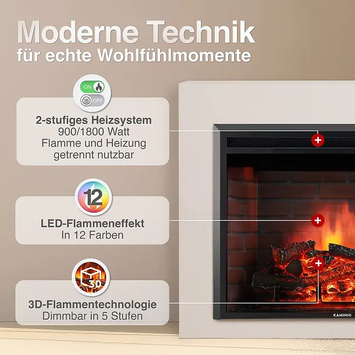 Elektrischer Kamin KAMINIO Luca 30 - 22,5 x 76 x 58,5 cm, Schwarz - Schwarzer Elektrokamin mit realistischen Holzscheiten, 2-Stufen-Heizung, 12-Farben-LED und dimmbarem 3D-Flammeneffekt.