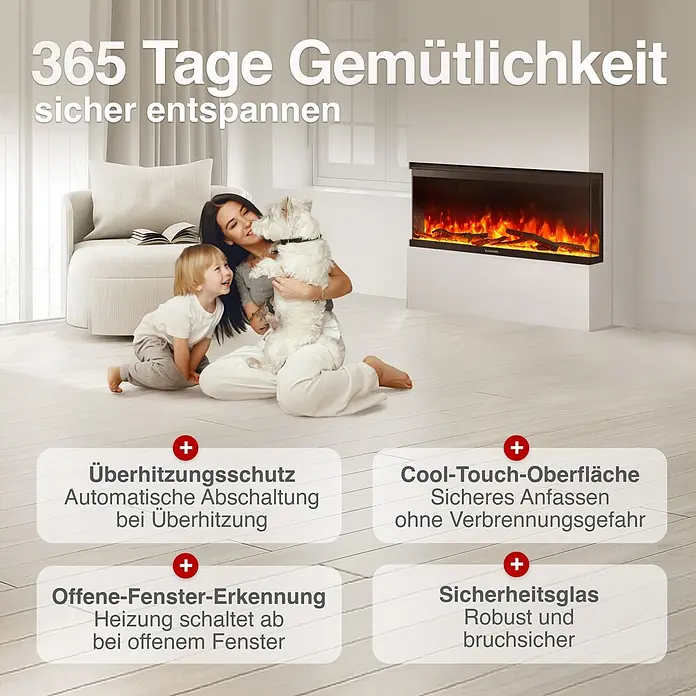 Elektrischer Kamin KAMINIO Lea 36 - 20 x 91,4 x 43 cm, Schwarz - Moderner Elektrokamin im Wohnzimmer. Bietet sichere Gemütlichkeit mit Überhitzungsschutz und Cool-Touch-Oberfläche für die ganze Familie.