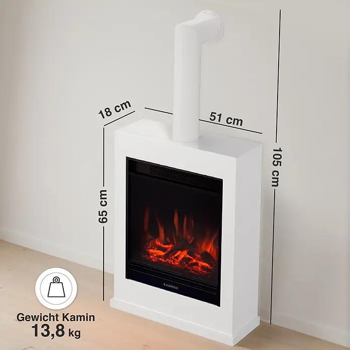 Elektrischer Kamin KAMINIO Kalle mit Ofenrohr - 18 x 51 x 105 cm, Weiß - Weißer Elektrokamin mit schwarzem Brennraum, Flammenillusion und Rauchrohr. Maße H105xW51xT18cm, Gewicht 13,8kg.