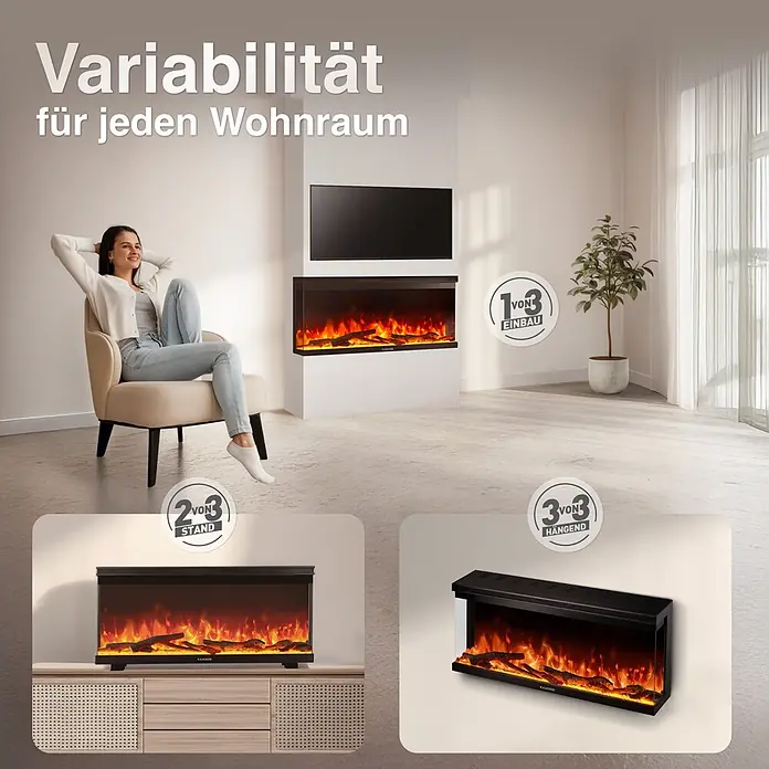 Elektrischer Kamin KAMINIO Lea 36 - 20 x 91,4 x 43 cm, Schwarz - Schwarzer Elektrokamin zeigt vielseitige Installation: eingebaut in Medienwand, freistehend auf Schrank oder wandmontiert.