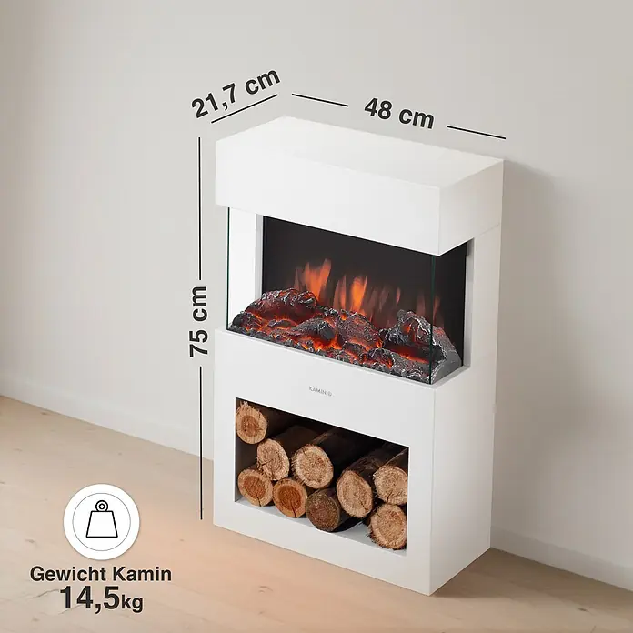 Elektrischer Kamin KAMINIO Henri - 21,7 x 48 x 75 cm, Weiß - Weißer Elektrokamin mit LED-Flammeneffekt und unterem Fach für Deko-Holzscheite.