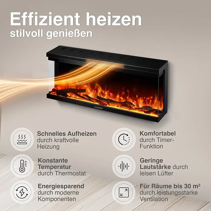 Elektrischer Kamin KAMINIO Lea 36 - 20 x 91,4 x 43 cm, Schwarz - Schwarzer Elektrokamin mit realistischen Flammen und Holzscheiten, der Wärme abgibt. Hebt effizientes Heizen, konstante Temperatur und geringe Lautstärke hervor.