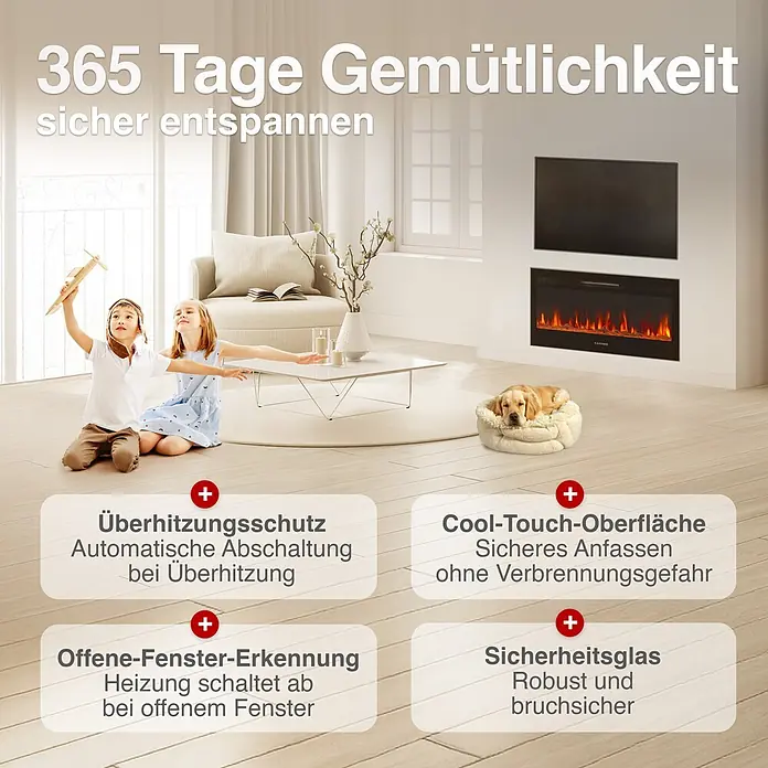 Elektrischer Kamin KAMINIO Marlon 36 - 11,9 x 91,4 x 46,6 cm, Schwarz - Elektrischer Kamin in modernem Wohnzimmer mit Kindern und Hund. Text hebt Sicherheitsfunktionen wie Überhitzungsschutz, Cool-Touch-Oberfläche, Sicherheitsglas hervor.