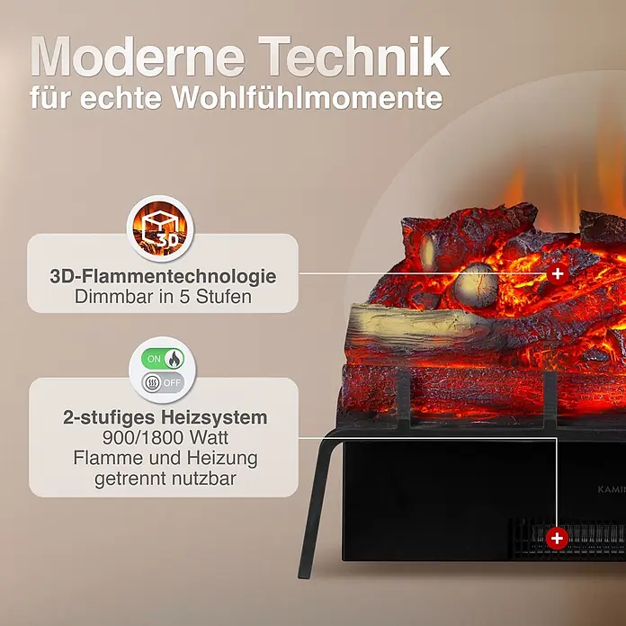 Elektrischer Kamin KAMINIO Noah - 27,5 x 59,5 x 47 cm, Schwarz - Schwarzer Elektrokamin mit realistisch glühenden Holzscheiten und künstlichen Flammen. Verfügt über 3D-Flammentechnologie und ein 2-Stufen-Heizsystem.