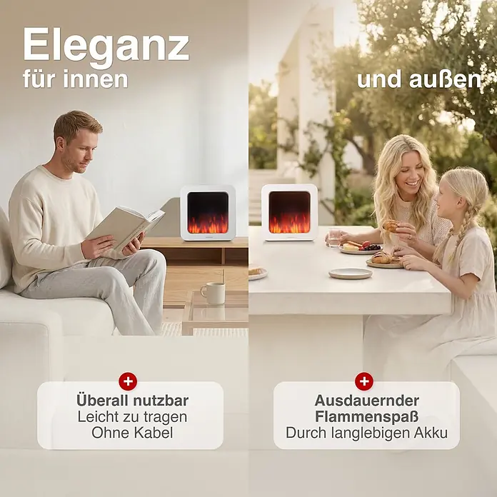 Elektrischer Kamin KAMINIO Mia L - 17,5 x 25 x 25 cm, Weiß - Weißer tragbarer Elektrokamin, drinnen und draußen gezeigt, betont kabelloses Design und langlebigen Akku.