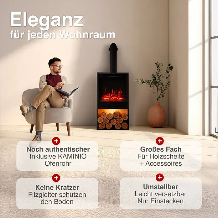 Elektrischer Kamin KAMINIO Hugo mit Ofenrohr - 17 x 42 x 115 cm, Schwarz - Schwarzer Elektrokamin mit Ofenrohr und Holzscheit-Ablage in einem eleganten Wohnzimmer.