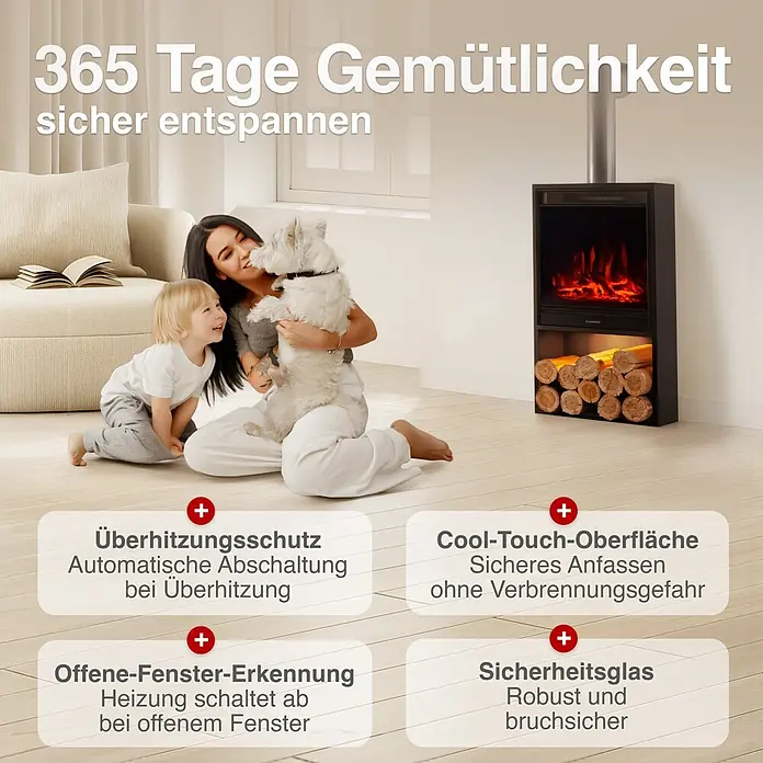 Elektrischer Kamin KAMINIO Hugo mit Ofenrohr - 17 x 42 x 115 cm, Schwarz - Schwarzer Elektrokamin mit realistischen Flammen und Holzscheiten schafft ein sicheres, gemütliches Zuhause mit kühler Oberfläche und Überhitzungsschutz.