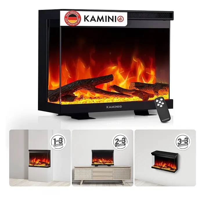 Elektrischer Kamin KAMINIO Lea 30 - 20 x 76,2 x 43 cm, Schwarz - Schwarzer Elektrokamin mit realistischen Flammen und Holzscheiten, freistehend mit Fernbedienung, sowie eingebaut und hängend dargestellt.