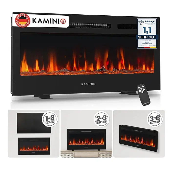 Elektrischer Kamin KAMINIO Marlon 36 - 11,9 x 91,4 x 46,6 cm, Schwarz - Schwarzer Elektrokamin mit realistischer Flammenoptik, Fernbedienung, für Einbau, Stand- oder Wandmontage.