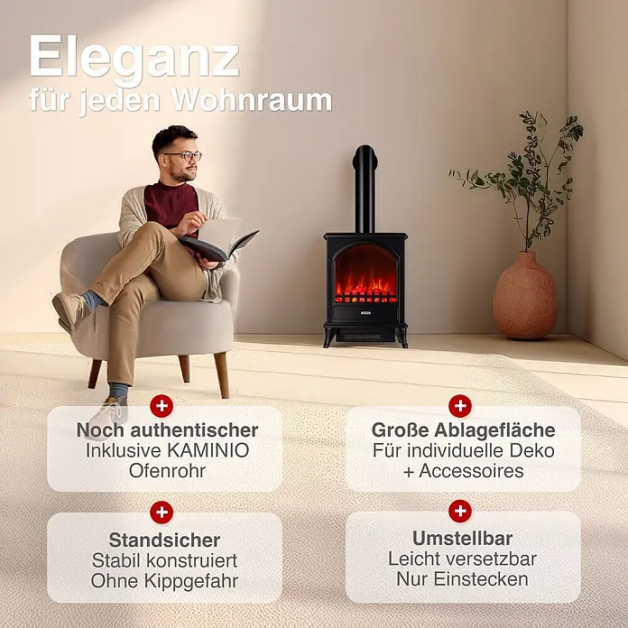 Elektrischer Kamin KAMINIO Leni mit Ofenrohr - 23 x 37,5 x 91 cm, Schwarz - Ein Mann liest ein Buch neben einem schwarzen Elektrokamin mit dekorativem Ofenrohr in einem gemütlichen Wohnzimmer.