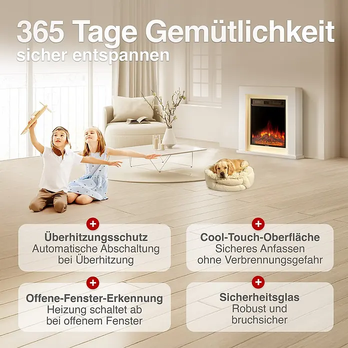 Elektrischer Kamin KAMINIO Matti 32 - 21,5 x 81 x 80 cm, Weiß - Elektrischer Kamin in einem Wohnzimmer mit Kindern und Hund, betont Sicherheitsfunktionen wie Cool-Touch-Oberfläche und Überhitzungsschutz.