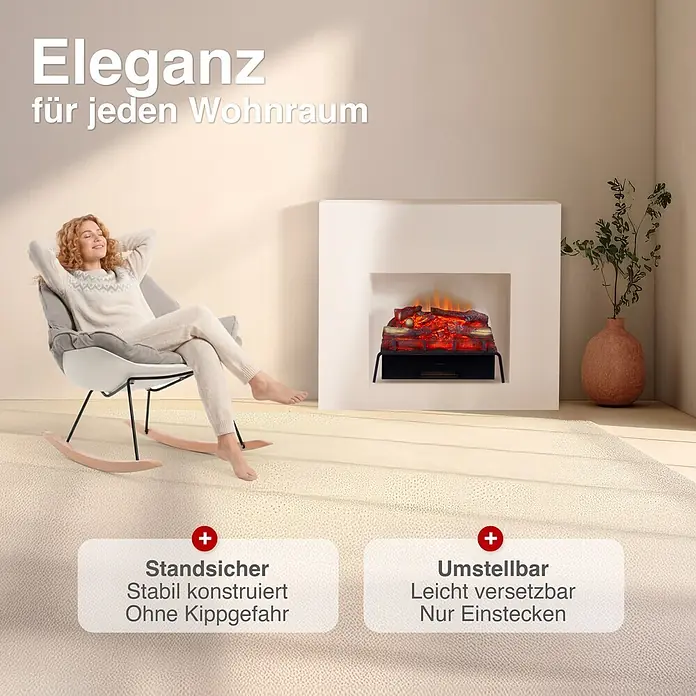Elektrischer Kamin KAMINIO Noah - 27,5 x 59,5 x 47 cm, Schwarz - Ein Elektrokamin mit weißem Kaminsims in einem modernen Wohnzimmer, der Wärme und Atmosphäre schafft. Eine Frau entspannt sich daneben.