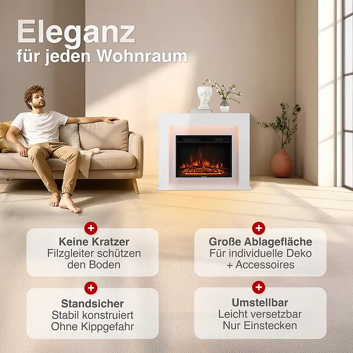 Elektrischer Kamin KAMINIO Matti 38 - 26 x 95 x 77 cm, Weiß - Weißer Elektrokamin mit Flammen im Wohnzimmer, mit Filzgleitern zum Bodenschutz, stabiler Konstruktion, großer Ablagefläche und leichter Umstellbarkeit.