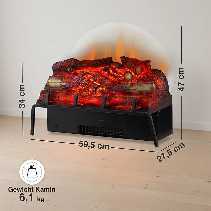 Elektrischer Kamin KAMINIO Noah - 27,5 x 59,5 x 47 cm, Schwarz - Elektrischer Kamineinsatz mit schwarzem Metallrost, realistisch glühenden Holzscheiten und Kohlen, sowie einem subtilen Flammeneffekt.