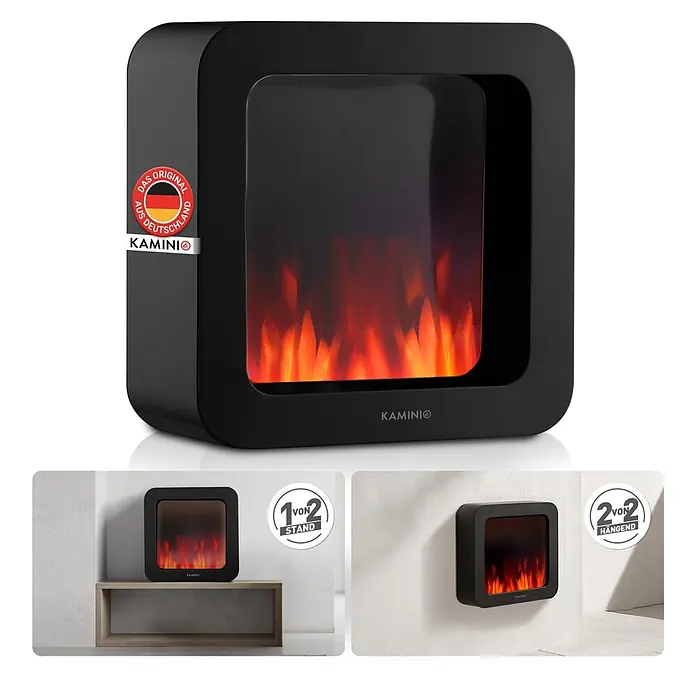 Elektrischer Kamin KAMINIO Mia Xl - 17,5 x 40 x 40 cm, Schwarz - Schwarzer Elektrokamin mit Flammeneffekt, freistehend und wandmontiert darstellbar.