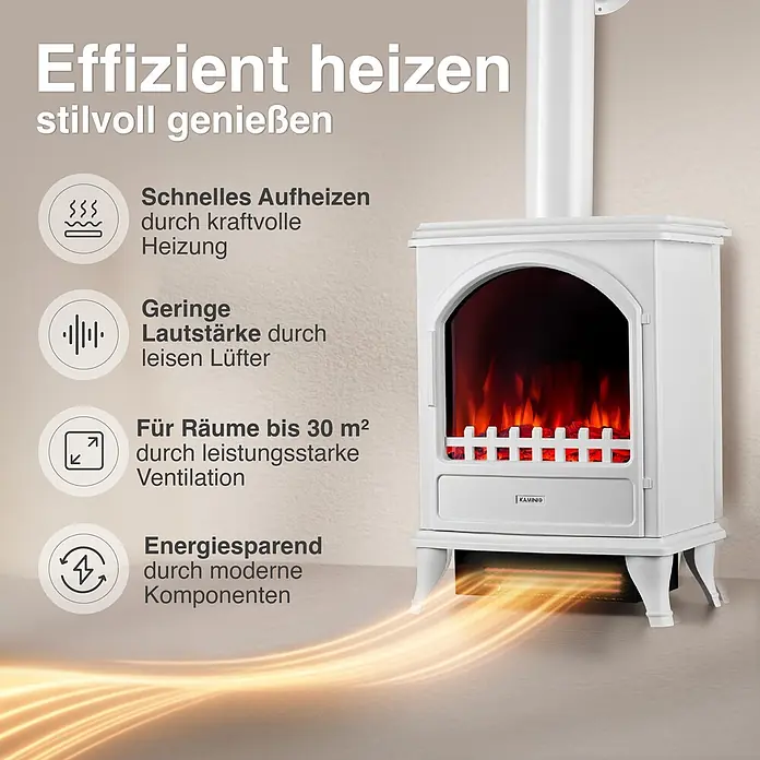 Elektrischer Kamin KAMINIO Leni mit Ofenrohr - 23 x 37,5 x 91 cm, Weiß - Weißer elektrischer Kaminofen mit simulierten Flammen, hebt Merkmale wie schnelles Heizen und Energieeffizienz hervor.