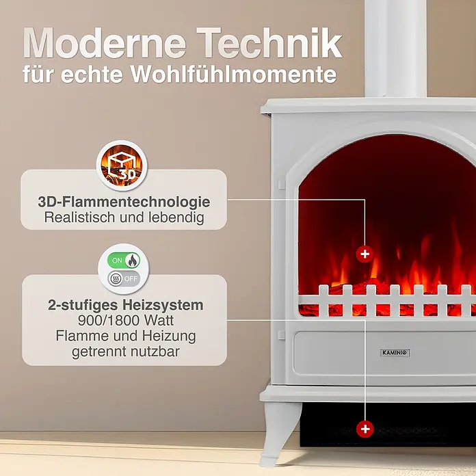 Elektrischer Kamin KAMINIO Leni mit Ofenrohr - 23 x 37,5 x 91 cm, Weiß - Weißer Elektrokamin mit realistischer 3D-Flammentechnologie und einem 2-stufigen Heizsystem (900/1800W).