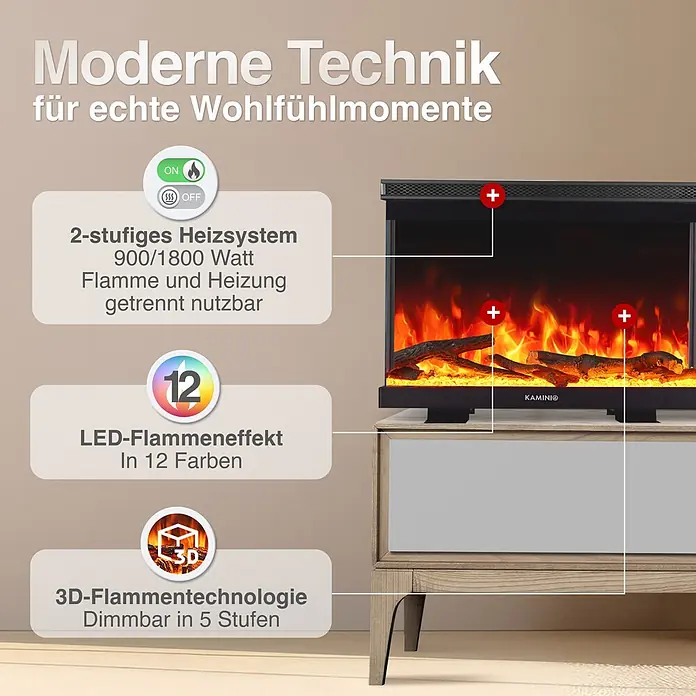 Elektrischer Kamin KAMINIO Lea 30 - 20 x 76,2 x 43 cm, Schwarz - Schwarzer Elektrokamin mit realistischen 3D-Flammen, 12 LED-Farben und 2-stufiger Heizung (900/1800W) auf Holzschrank.