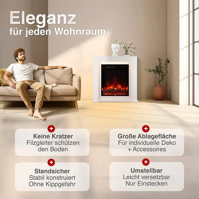 Elektrischer Kamin KAMINIO Matti 32 - 21,5 x 81 x 80 cm, Weiß - Weißer Elektrokamin mit künstlichen Flammen, elegant im Wohnzimmer platziert, bietet Ambiente und Ablagefläche.