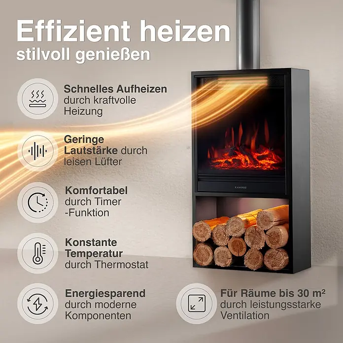 Elektrischer Kamin KAMINIO Hugo mit Ofenrohr - 17 x 42 x 115 cm, Schwarz - Schwarzer Elektrokamin mit Flammenillusion, Holzscheit-Fach und Luftauslass.