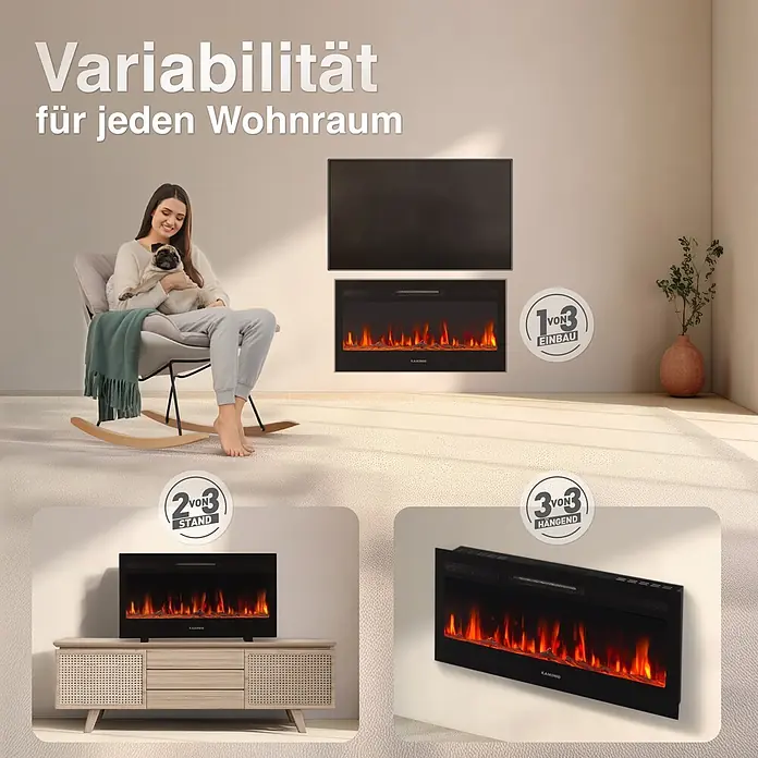Elektrischer Kamin KAMINIO Marlon 36 - 11,9 x 91,4 x 46,6 cm, Schwarz - Schwarzer Elektrokamin mit realistischer Flammenwirkung, gezeigt als Einbau-, Stand- und Wandgerät in einem modernen Wohnzimmer.