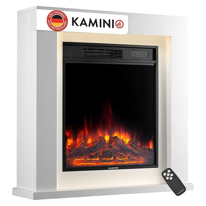 Elektrischer Kamin KAMINIO Matti 32 - 21,5 x 81 x 80 cm, Weiß - Weißer Elektrokamin mit schwarzem Einsatz und realistischem Flammeneffekt, dazu eine schwarze Fernbedienung.