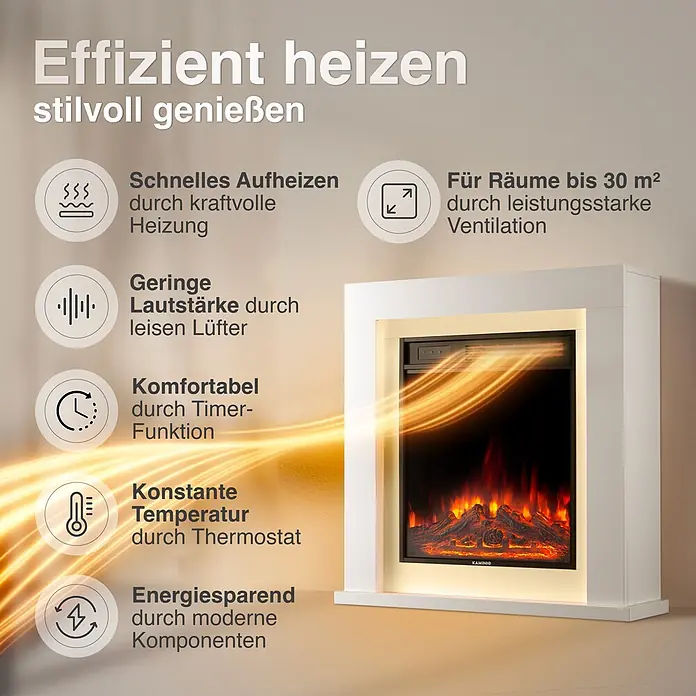 Elektrischer Kamin KAMINIO Matti 32 - 21,5 x 81 x 80 cm, Weiß - Weißer Elektrokamin mit künstlichen Flammen in einem schwarzen Feuerraum und Text, der effizientes Heizen und stilvollen Genuss beschreibt.
