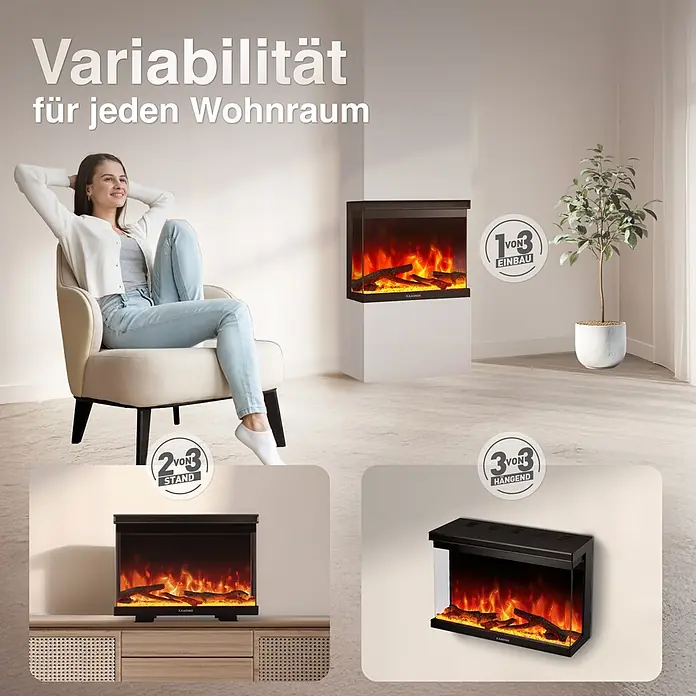 Elektrischer Kamin KAMINIO Lea 30 - 20 x 76,2 x 43 cm, Schwarz - Schwarzer Elektrokamin mit drei vielseitigen Installationsmöglichkeiten: eingebaut, stehend und hängend, in einem modernen Wohnraum.