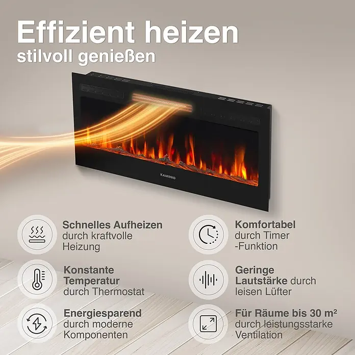 Elektrischer Kamin KAMINIO Marlon 36 - 11,9 x 91,4 x 46,6 cm, Schwarz - Schwarzer Elektrokamin mit realistischen Flammen und orangefarbenem Hitzeglühen, das effizientes Heizen hervorhebt.